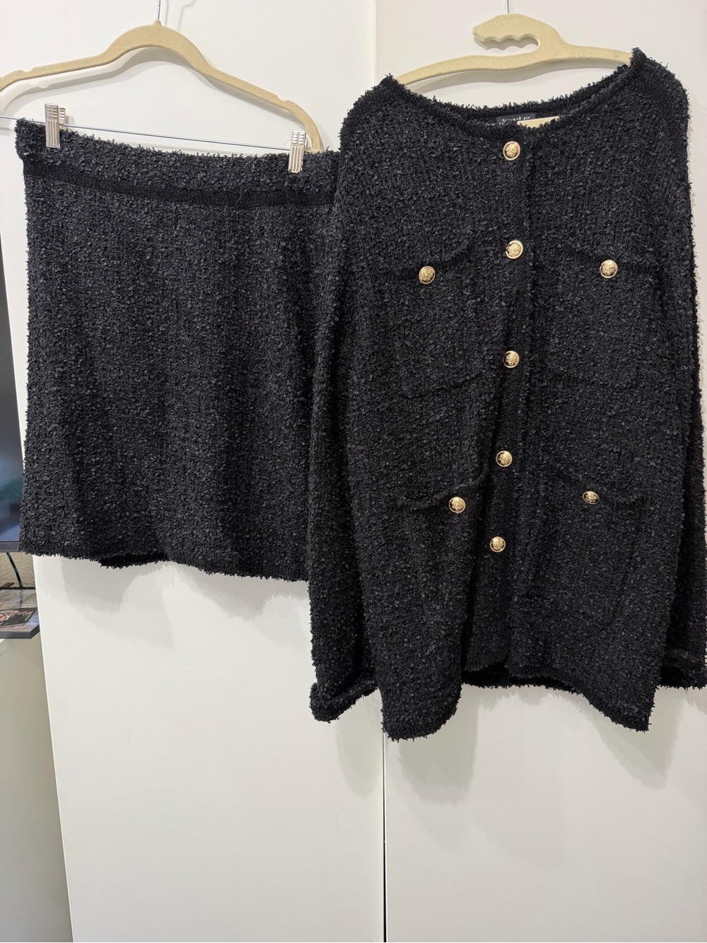 Current Air Black Tweed Mini Skirt — Gold Button Detail